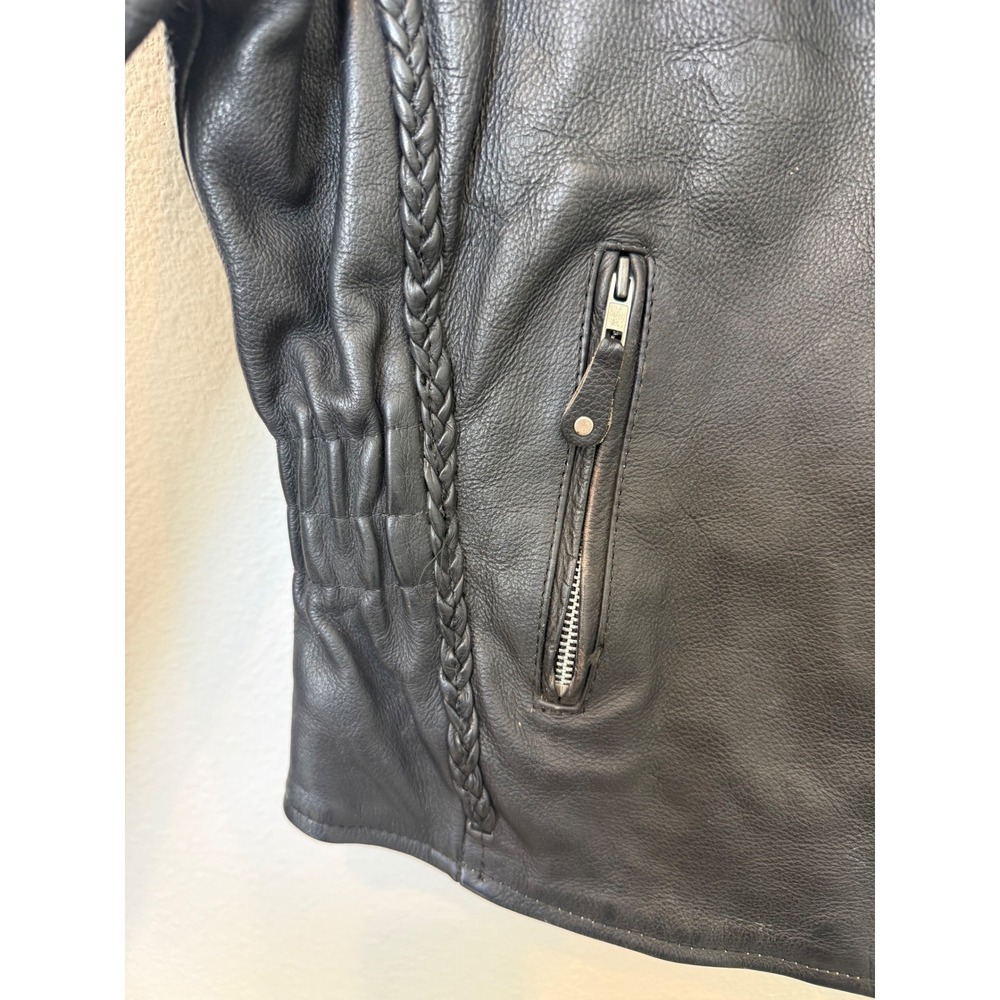 Black Genuine Leather Biker Jacket Braided Trim Studded Waist Womens Med Moto - Picture 3 of 11